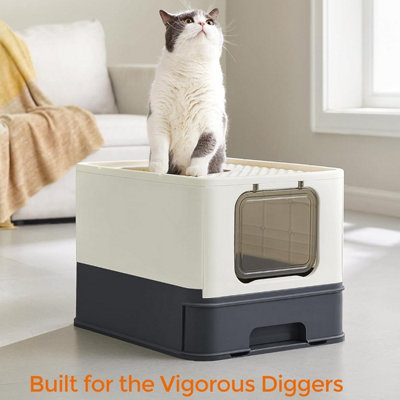Feandrea Feline Waste Containment Unit, Hooded Cat Toilet with Concealed Compartment, Pull-Out Drawer, Scoop, Beige and Black Price Comparisons | Compare The Build