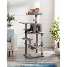 Feandrea Hammock Cat Tree, Tall Spacious Cat Tower for Indoor Cats, Multi-Level Condo with Scratching Posts, Cave, Light Grey