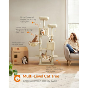 Feandrea Large Cat Condo, Tall with Scratching Posts and Ramp, Multi-Level Cat Tower for Indoor Cats, Beige