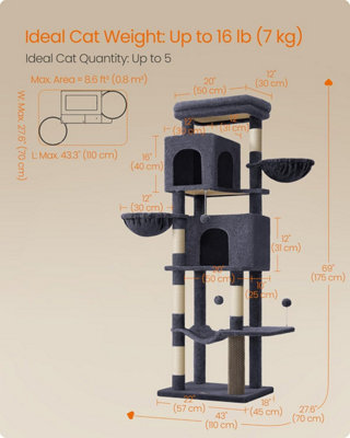 Feandrea Large Cat Tree Cat Tower Multi Level Cat Condo with Caves Scratching Posts Self Groomer Perch Hammock Dark Grey DIY at B Q