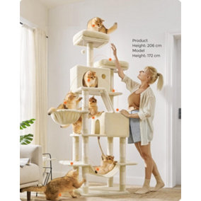 Feandrea Multi-Level Cat Tower, Extra High with Scratching Posts and Ramp, Large Plush Cat Condo for Indoor Cats, Beige
