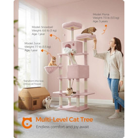 Feandrea Multi-Level Plush Cat Condo with Ramp and Scratching Posts, Extra Tall Cat Tree, Cat Tower, Feline Condo, Jelly Pink