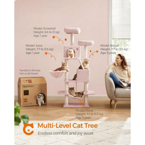 Feandrea Multi-Tier Cat Tower, Cat Tree, Tall Cat Tower, Plush Cat Condo with Scratching Posts and Ramp, Jelly Pink