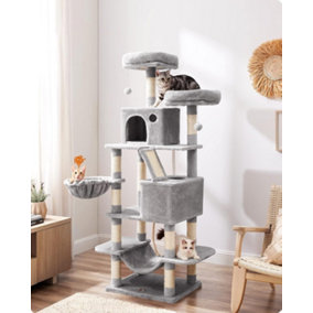 Feandrea Tall Cat Condo, Large Cat Tower with Scratching Posts and Ramp, Multi-Level Plush Cat Tree, Light Grey