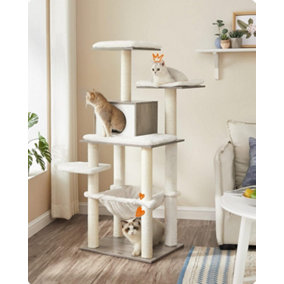 Feandrea WoodyWonders Cat Tree, Cat Tower for Indoor Cats, Multi-Level Cat Condo with Scratching Posts, Hammock, Greige