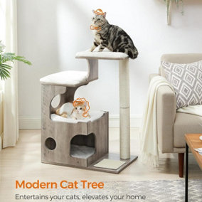 Feandrea WoodyWonders Cat Tree, Modern Cat Tower with Cat Cave, Scratching Post and Mat, Removable Washable, Greige and White