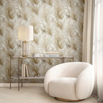 Feather Leaf Wallpaper Gold White Cream Lipsy London Palm Tropical Feature Wall