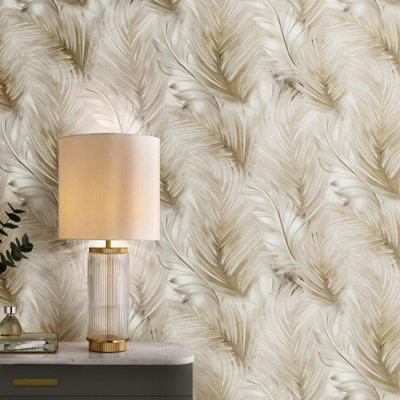 Feather Leaf Wallpaper Gold White Cream Lipsy London Palm Tropical Feature Wall