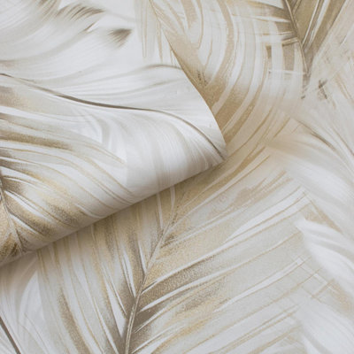 Feather Leaf Wallpaper Gold White Cream Lipsy London Palm Tropical Feature Wall