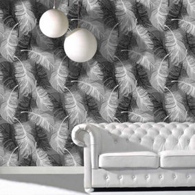 Feather Wallpaper Glitter Effect Textured Monochrome Grey Black White
