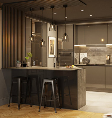 Large grey kitchen with statement glass pendant lights, spotlights and under cabinet lighting.