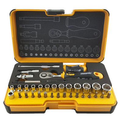 Felo R-GO XL 1/4 36-Piece Ergonic Ratchet and Socket Set with StrongBox