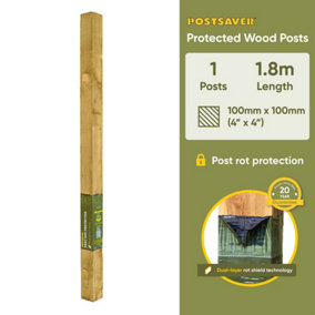 Fence Post 100mm or 4x4 inch Square 1.8m or 6ft + Postsaver 20 Year Rot Protection Guarantee Fitted (FREE DELIVERY)