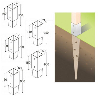 Fence Post Support 101mm x 101mm / 900mm (4" x 4")  Pack of: 4  Spike Holder Metal Drive In Stakes Rust Resistant Bracket - 5
