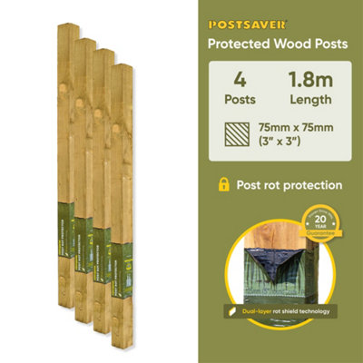 Fence Post (W) 3x3" 75x75mm (H) 6FT 1.8m - (4 Pack) - Postsaver 20 Year Guarantee (FREE DELIVERY)