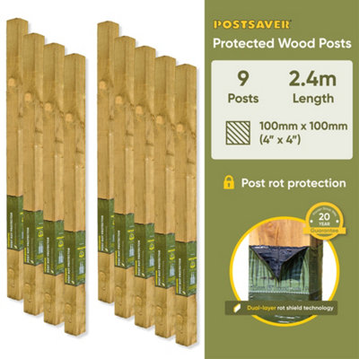 Fence Post (W) 4x4" 100x100mm (H) 8FT 2.4m - (9 Pack) - Postsaver 20 Year Guarantee (FREE DELIVERY)