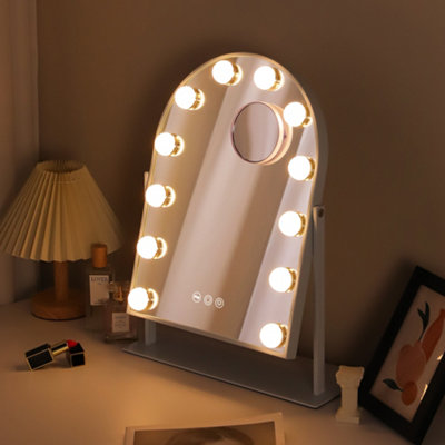 FENCHILIN Hollywood Arched Vanity Makeup Mirror with 12 LED Lights Metal Rotating Tabletop White