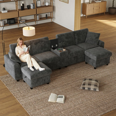 FENCHILIN U-shaped Sectional Sofa with 2 Movable Storage Ottomans Cup ...