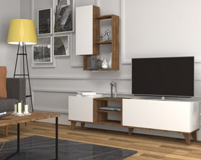 Fennes TV Unit and Wall shelves up to 65 inch TV - White/Walnut