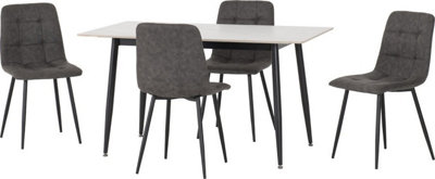 Fenton Dining Set White Marble Stone Effect with 4 Grey Suede Fabric Chairs