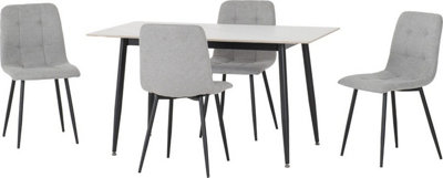 Fenton Dining Set White Marble Stone Effect with 4 Light Grey Fabric Chairs