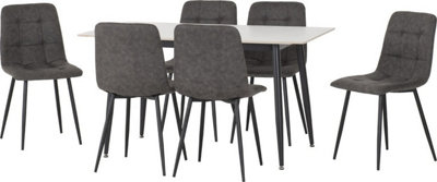 Fenton Dining Set White Marble Stone Effect with 6 Dark Grey Suede Fabric Chairs