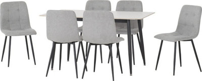 Fenton Dining Set White Marble Stone Effect with 6 Light Grey Fabric Chairs