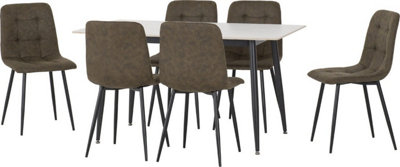 Fenton Dining Set White Marble Stone Effect with 6 Olive Green Suede Fabric Chairs