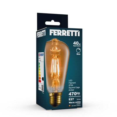 Ferretti - ST64 Amber Squirrel Cage E27 LED Straight Filament Dimmable ...