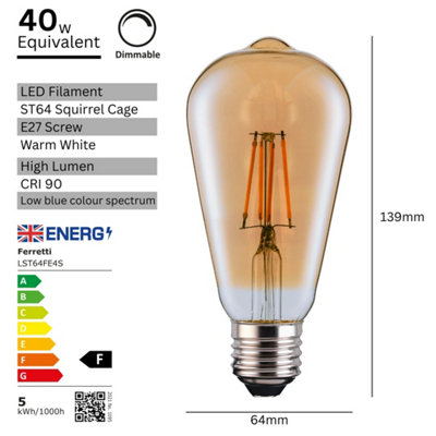 Ferretti - ST64 Amber Squirrel Cage E27 LED Straight Filament