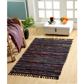 Festival Recycled Cotton Blend Rag Rug in Varied Colourways Indoor and Outdoor Use / 120 cm x 180 cm / Black