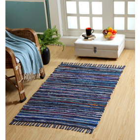 Festival Recycled Cotton Blend Rag Rug in Varied Colourways Indoor and Outdoor Use / 120 cm x 180 cm / Blue