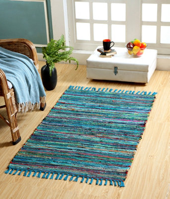 Festival Recycled Cotton Blend Rag Rug in Varied Colourways Indoor and  Outdoor Use / 120 cm x 180 cm / Green