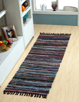 Festival Recycled Cotton Blend Rag Rug in Varied Colourways Indoor and Outdoor Use / 60 cm x 210 cm / Black