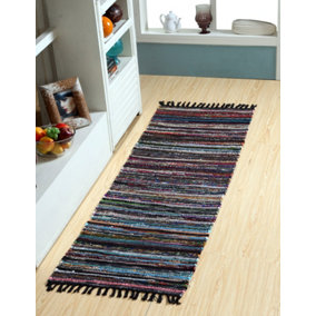 Festival Recycled Cotton Blend Rag Rug in Varied Colourways Indoor and Outdoor Use / 60 cm x 210 cm / Black
