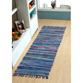 Festival Recycled Cotton Blend Rag Rug in Varied Colourways Indoor and Outdoor Use / 60 cm x 210 cm / Blue