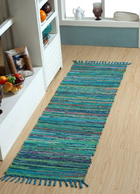 Festival Recycled Cotton Blend Rag Rug in Varied Colourways Indoor and Outdoor Use / 60 cm x 210 cm / Green