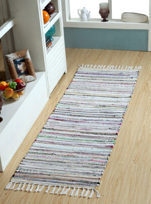 Festival Recycled Cotton Blend Rag Rug in Varied Colourways Indoor and Outdoor Use / 60 cm x 210 cm / Pastel