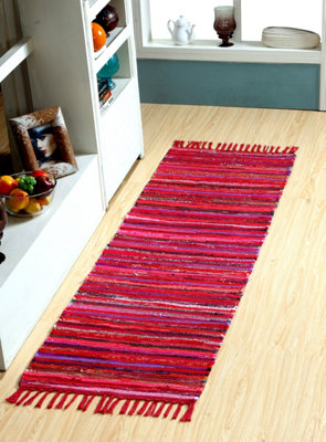 Festival Recycled Cotton Blend Rag Rug in Varied Colourways Indoor and Outdoor Use / 60 cm x 210 cm / Red