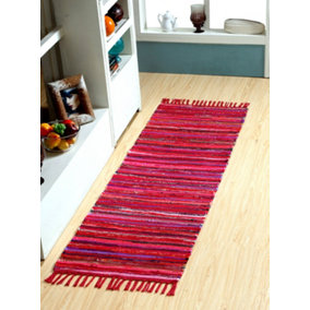 Festival Recycled Cotton Blend Rag Rug in Varied Colourways Indoor and Outdoor Use / 60 cm x 210 cm / Red