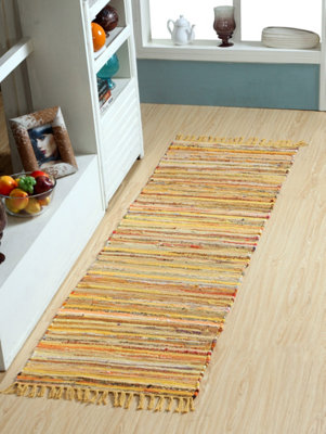 Festival Recycled Cotton Blend Rag Rug in Varied Colourways Indoor and Outdoor Use / 60 cm x 210 cm / Yellow