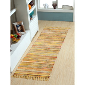 Festival Recycled Cotton Blend Rag Rug in Varied Colourways Indoor and Outdoor Use / 60 cm x 210 cm / Yellow