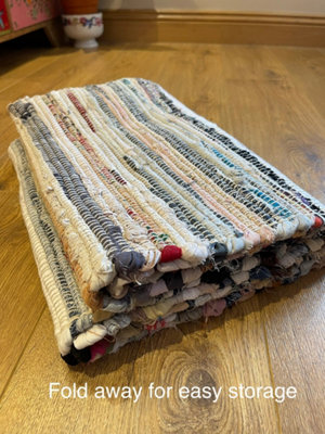Festival Recycled Cotton Blend Rag Rug in Varied Colourways Indoor and Outdoor Use / 60 cm x 90 cm / Blue