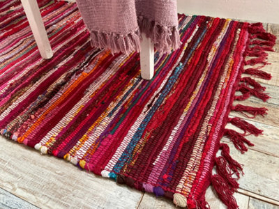 Green, red, white hotsell rag rug. Handmade on loom. Scandinavian design.