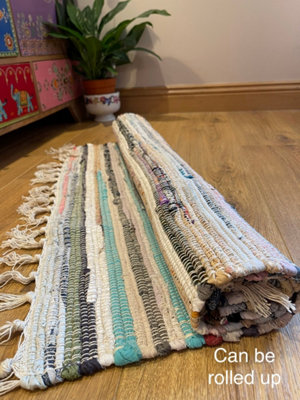 Festival Recycled Cotton Blend Rag Rug in Varied Colourways Indoor and Outdoor Use / 60 cm x 90 cm / Pastel