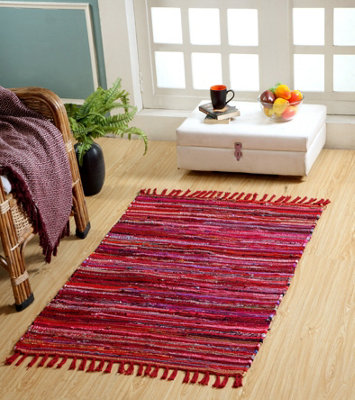 Festival Recycled Cotton Blend Rag Rug in Varied Colourways Indoor and Outdoor Use / 60 cm x 90 cm / Red