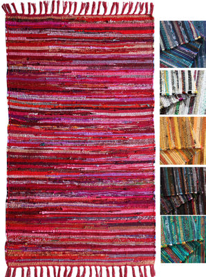 Festival Recycled Cotton Blend Rag Rug in Varied Colourways Indoor and Outdoor Use / 60 cm x 90 cm / Red