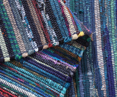 Festival Recycled Cotton Blend Rag Rug in Varied Colourways Indoor and Outdoor Use / 75 cm x 120 cm / Blue
