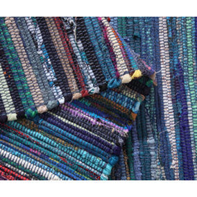 Festival Recycled Cotton Blend Rag Rug in Varied Colourways Indoor and Outdoor Use / 75 cm x 120 cm / Blue