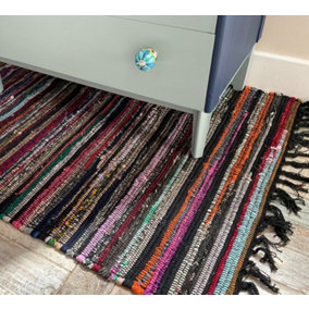Festival Recycled Cotton Blend Rag Rug in Varied Colourways Indoor and Outdoor Use / 90 cm x 150 cm / Black